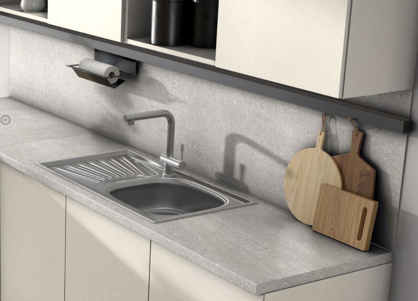 Világosszürke Cascia Gránit - Sötétszürke Chicago Beton konyhai hátfalpanel - Egger F031 - F187