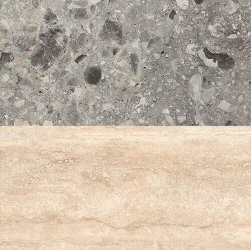 Egger F021 ST75 Szürke Triestino Terrazzo / F030 ST75 Margalida Travertin konyhai hátfalpanel